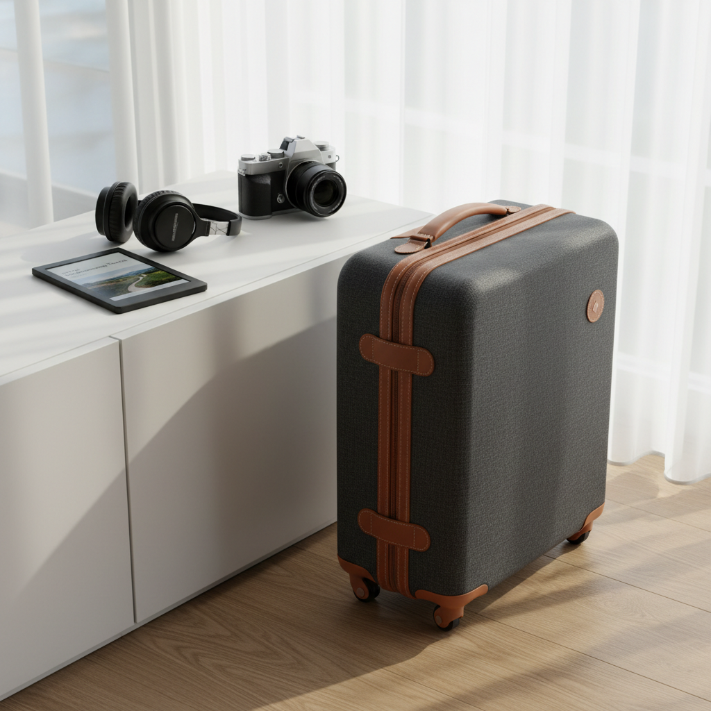A refined carry-on suitcase in deep charcoal fabric with leather trim stands beside a minimalist white media console. On the console rests a pair of high-quality over-ear headphones, a compact mirrorless camera with a metal body and prime lens, and a slim e-reader with a soft matte screen showing a paused article. The floor is pale oak, and a large window with sheer curtains lets in soft morning light, creating delicate highlights on metal surfaces and gentle shadows. Photographic realism, three-quarter angle with moderate depth of field, balanced composition, atmosphere of poised departure, blending media consumption and sophisticated, intentional travel.