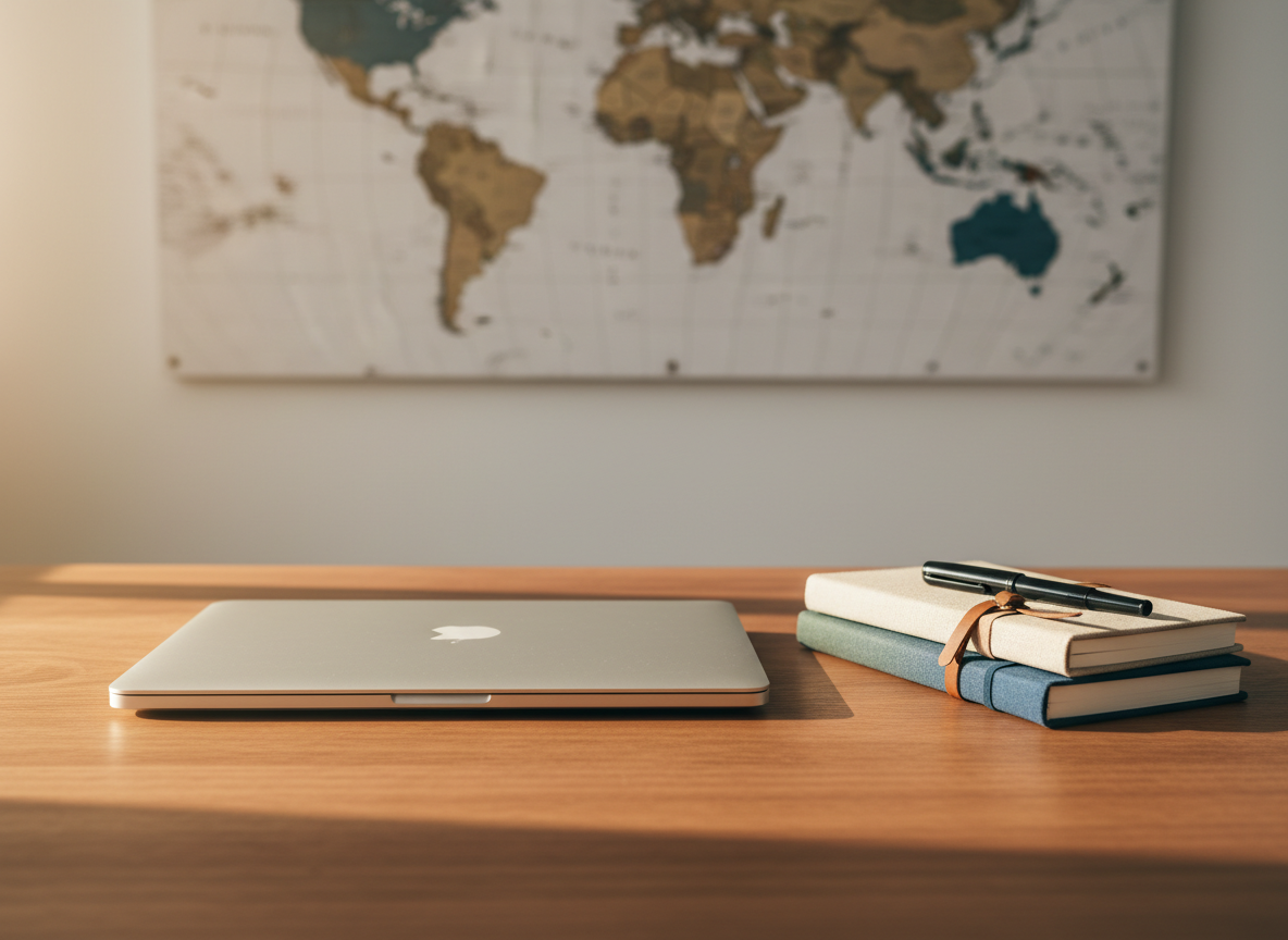 A sleek, closed silver laptop with a brushed aluminum finish rests on a warmly grained wooden desk, beside a neatly stacked travel journal with a linen cover and a slim black fountain pen. In the background, a large world map in muted tones hangs on a matte white wall, softly out of focus. Golden hour sunlight pours in from an unseen window to the left, creating gentle highlights on the laptop edges and long, elegant shadows across the desk. Photographic realism, shot at eye level with a shallow depth of field, clean and modern composition, evoking thoughtful planning of media projects and future journeys in a sophisticated, calm atmosphere.