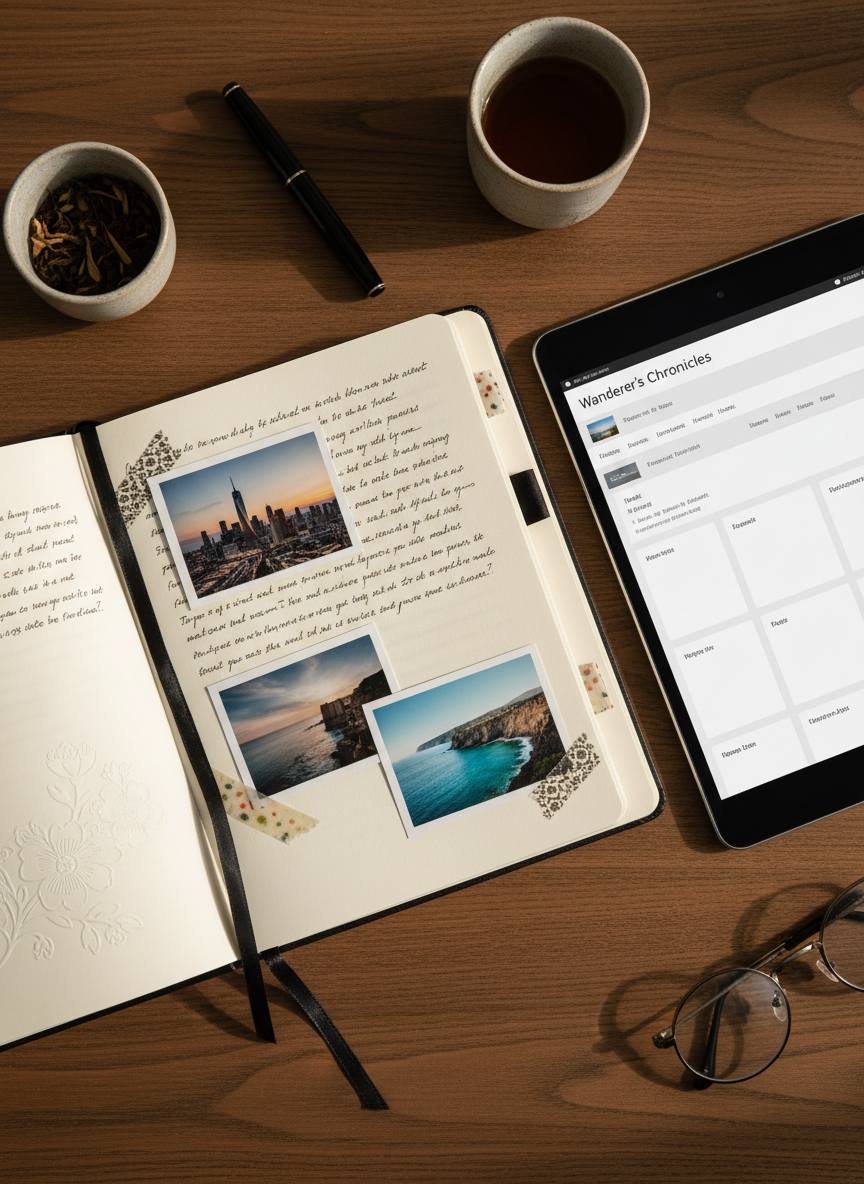 An elegant hardcover notebook with cream pages lies open on a dark walnut table, filled with neatly handwritten travel notes and small washi-tape-fixed printed photos of city skylines and coastal landscapes. A slim black tablet with a high-gloss screen displays an open blog editor beside it, showing a draft post layout. Soft, diffused afternoon light from a nearby window illuminates the scene, catching the subtle texture of the notebook paper and the satin ribbon bookmark. Photographic realism, top-down composition with sharp focus throughout, minimalist aesthetic, conveying the quiet pleasure of crafting reflective media and travel stories, organized and self-determined.
